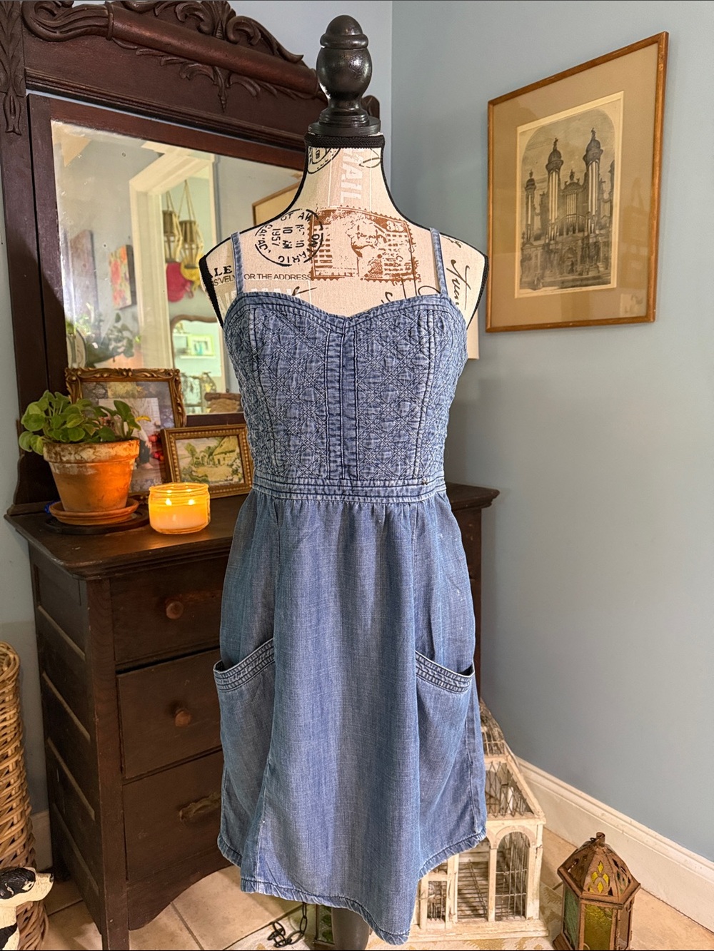 American Eagle Outfitters Chambray Blue Smocked Pocket Sundress - Picture 2 of 14